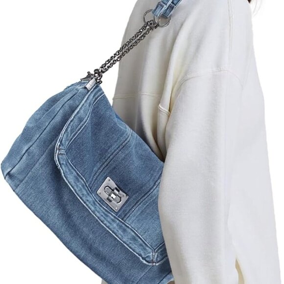 Denim Shoulder Bags for Women Retro Hobo Purse With Adjustable Chain Fashion Tot - Picture 3 of 7